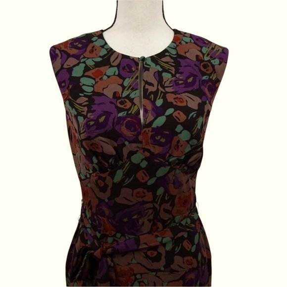 Lauren by Ralph Lauren Belted Crepe Floral Pattern Midi Dress Black Combo NWT 16 - Picture 2 of 14